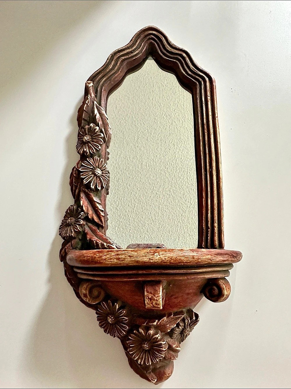 Carved Floral Wood Wall Shelf Mirror reddish brown Brown